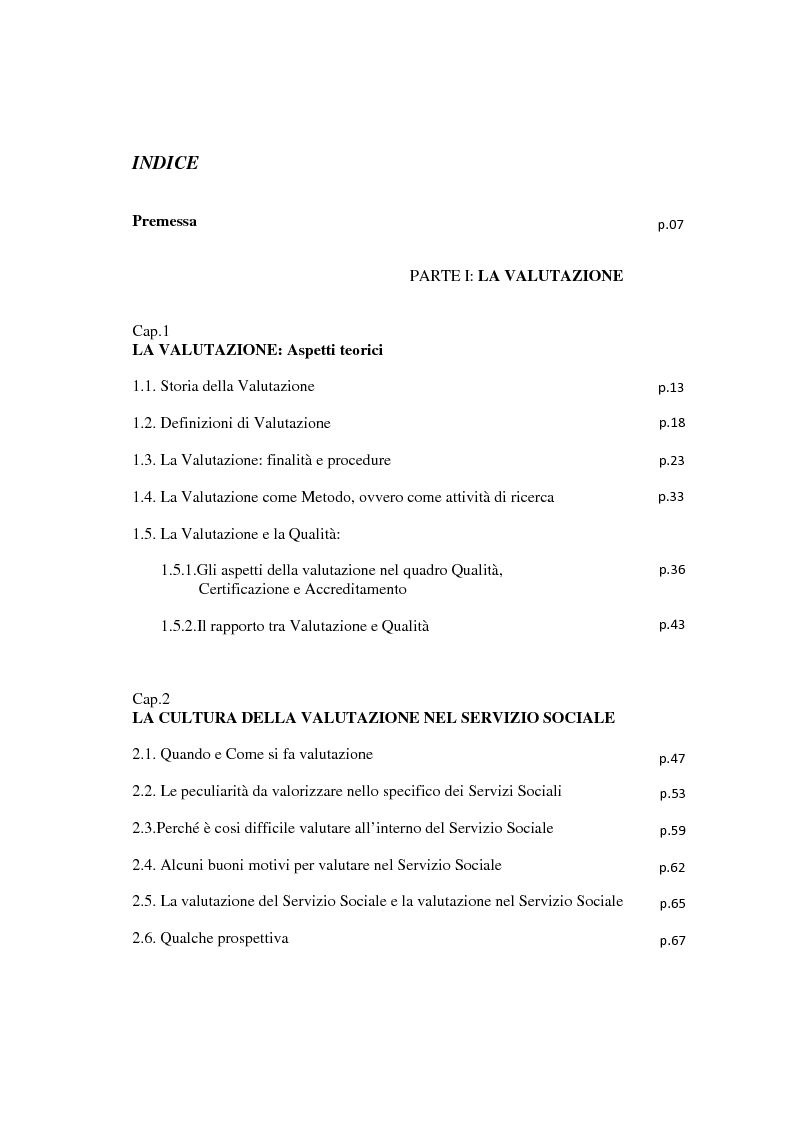 Indice della tesi: La Valutazione dei servizi: due realtà sociali a confronto, Pagina 1