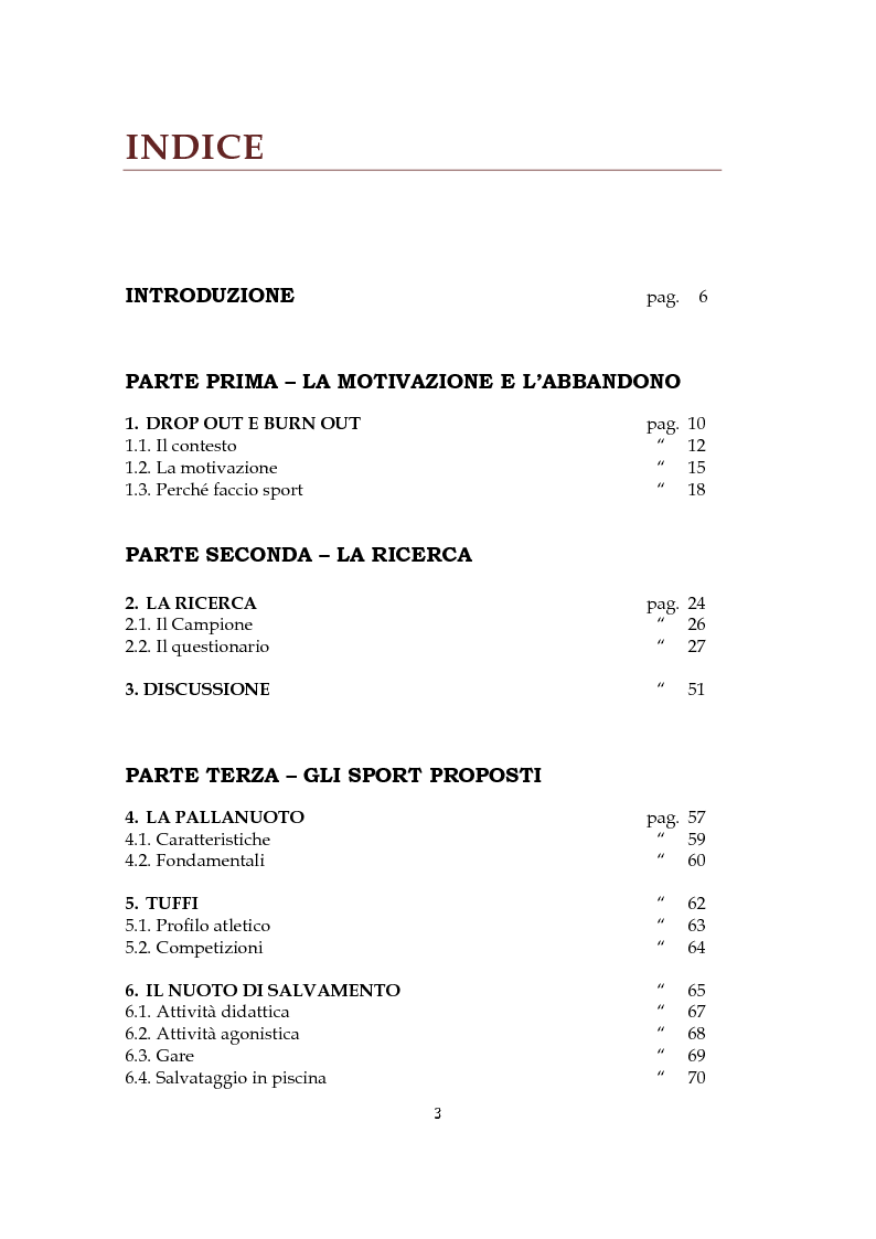 Indice della tesi: Analisi dell'abbandono del nuoto e possibili soluzioni di recupero, Pagina 1