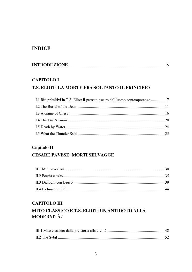 Indice della tesi: Dialoghi mitici tra T.S. Eliot e Cesare Pavese, Pagina 1