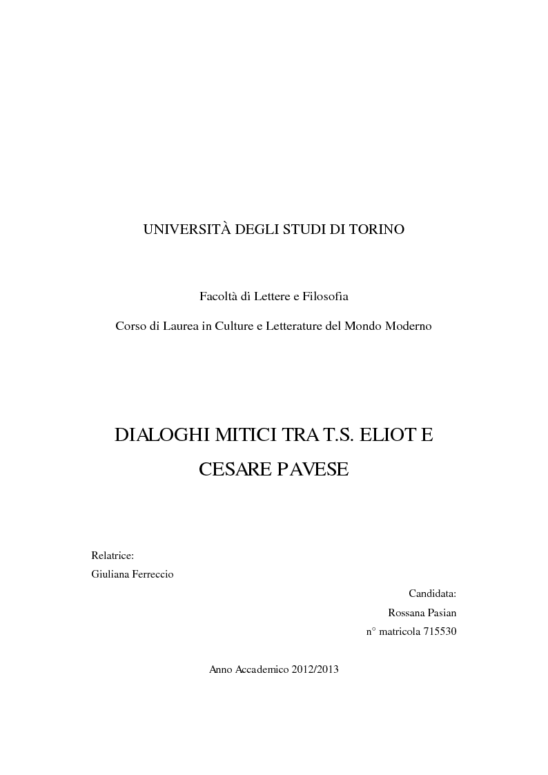 Anteprima della tesi: Dialoghi mitici tra T.S. Eliot e Cesare Pavese, Pagina 1
