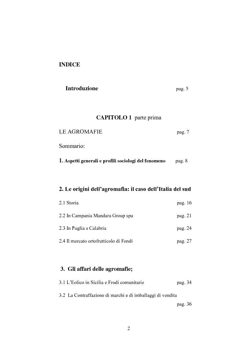 Indice della tesi: Le agromafie. Risposte normative e consumo consapevole., Pagina 1