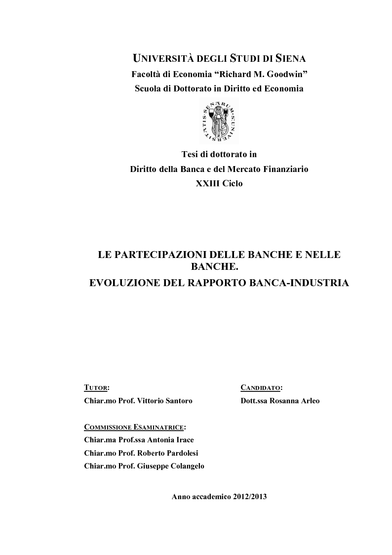 Anteprima della tesi: Le partecipazioni delle banche e nelle banche. Evoluzione del rapporto banca-industria, Pagina 1