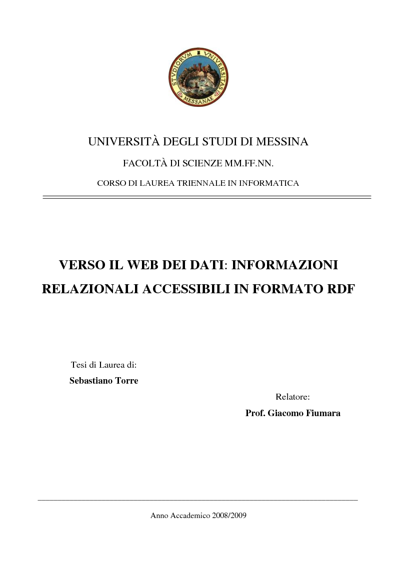 Anteprima della tesi: Verso il Web dei dati: informazioni relazionali accessibili in formato RDF, Pagina 1