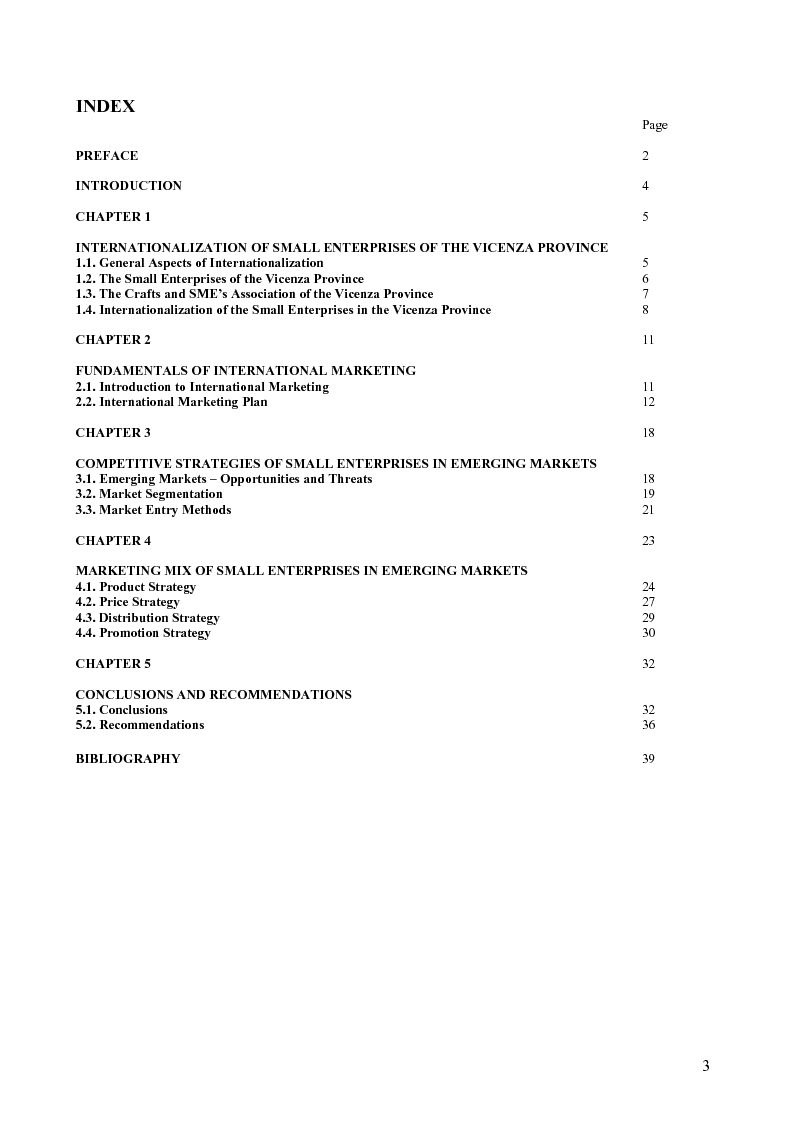 Indice della tesi: Marketing in emerging markets as an instrument for the internationalization of small enterprises of the Vicenza Province, Pagina 1