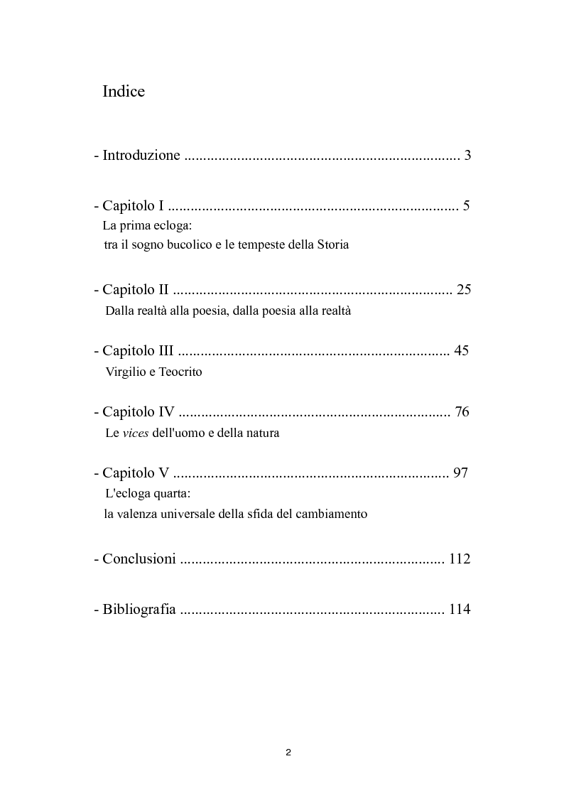 Indice della tesi: Le Bucoliche di Virgilio: una risposta alla sfida del cambiamento, Pagina 1