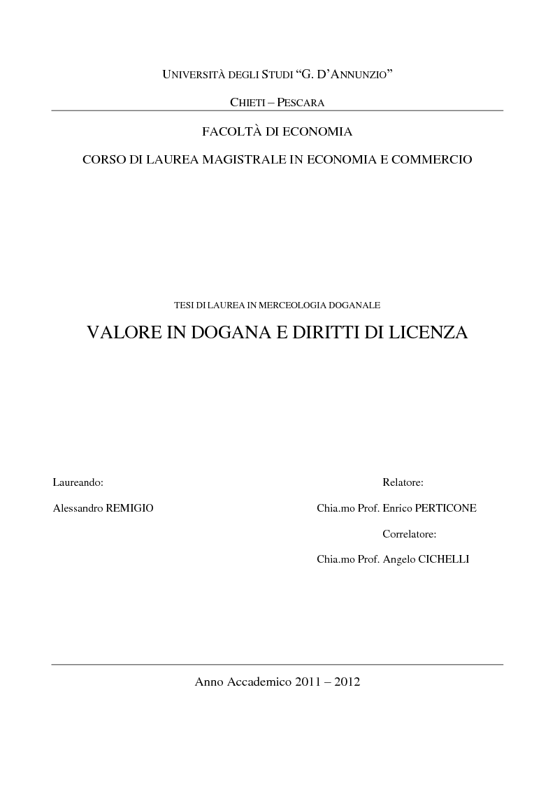 Anteprima della tesi: Valore delle merci e diritti di licenza, Pagina 1