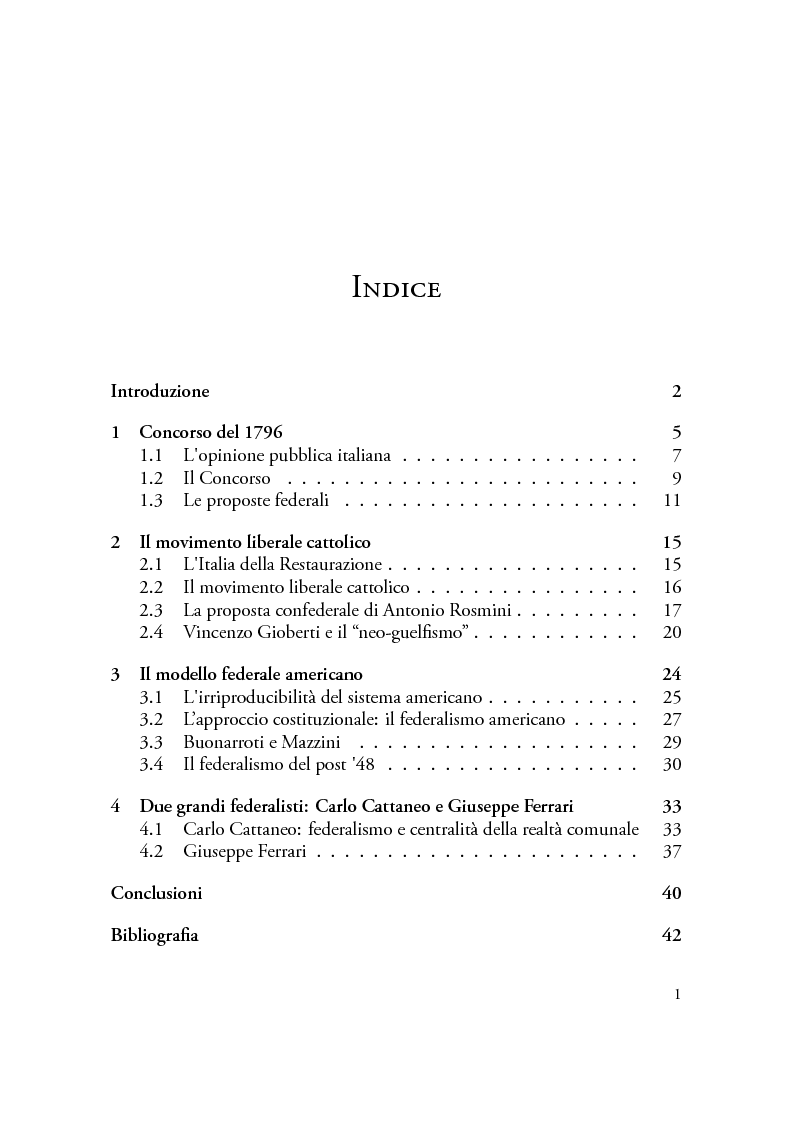Indice della tesi: Dibattiti politici e progetti federali in Italia fra XVIII e XIX secolo, Pagina 1