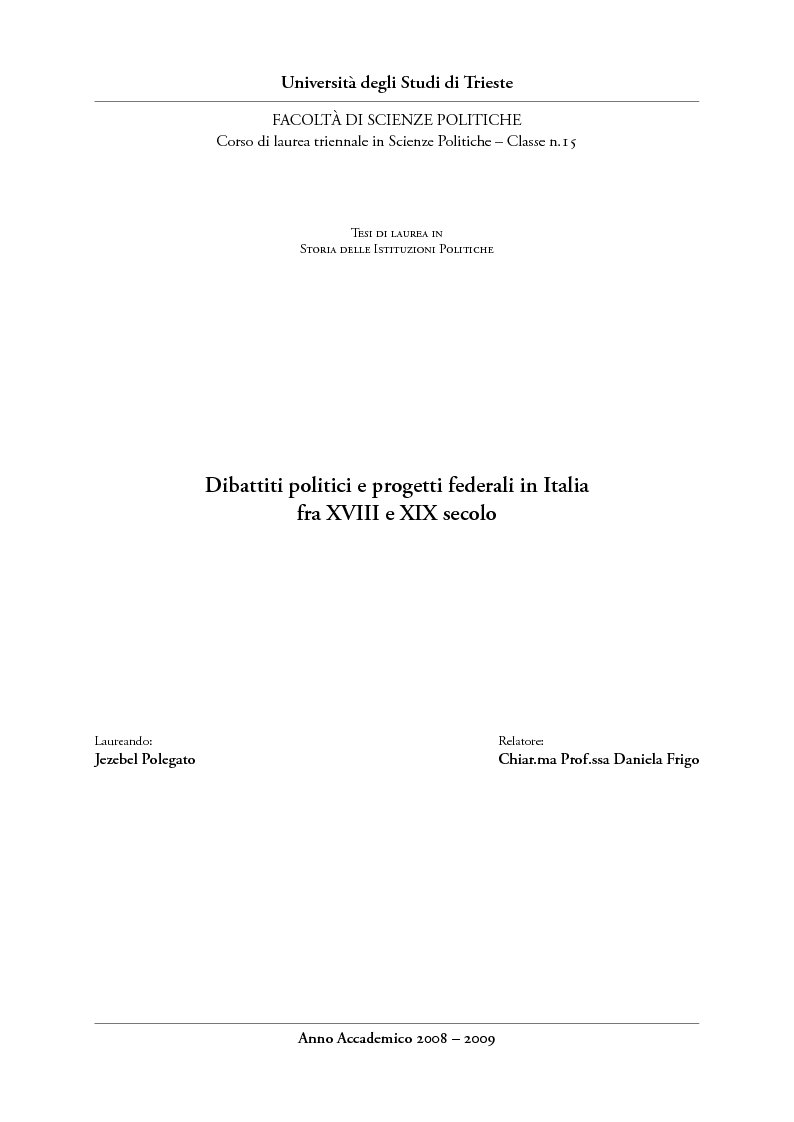 Anteprima della tesi: Dibattiti politici e progetti federali in Italia fra XVIII e XIX secolo, Pagina 1