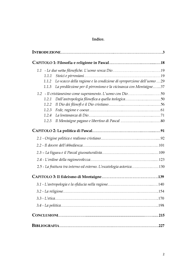 Indice della tesi: Variazioni sul fideismo: Montaigne e Pascal, Pagina 1