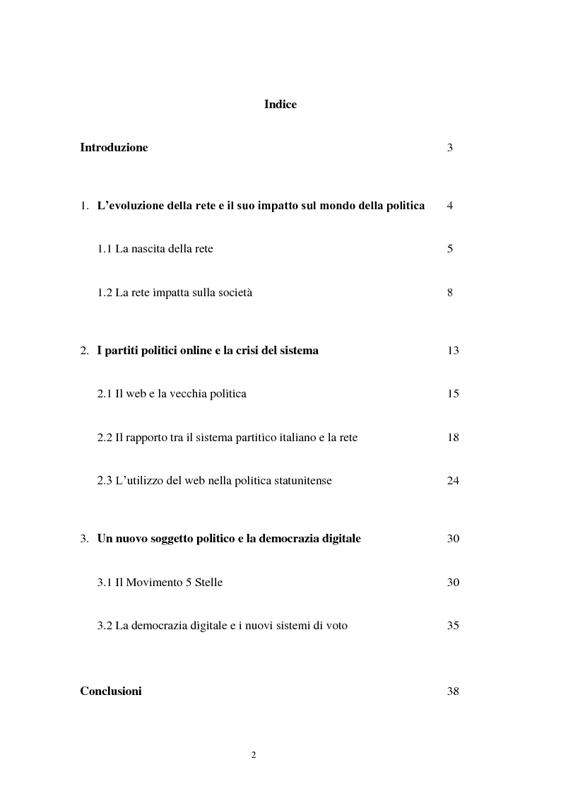 Indice della tesi: La politica in rete: nuovi processi di partecipazione e di voto, Pagina 1