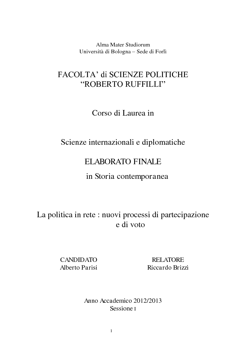 Anteprima della tesi: La politica in rete: nuovi processi di partecipazione e di voto, Pagina 1