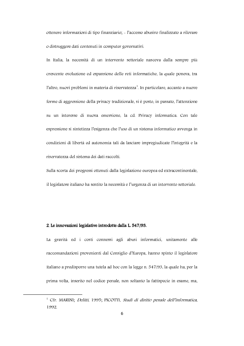 Anteprima della tesi: Struttura ed ambito applicativo del reato di frode informatica ex art. 615 ter c.p., Pagina 4