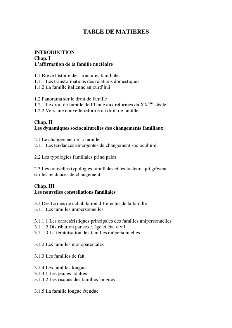 Indice della tesi: Evolution des structures familiales: de la famille traditionnelle aux familles contemporaines, Pagina 1