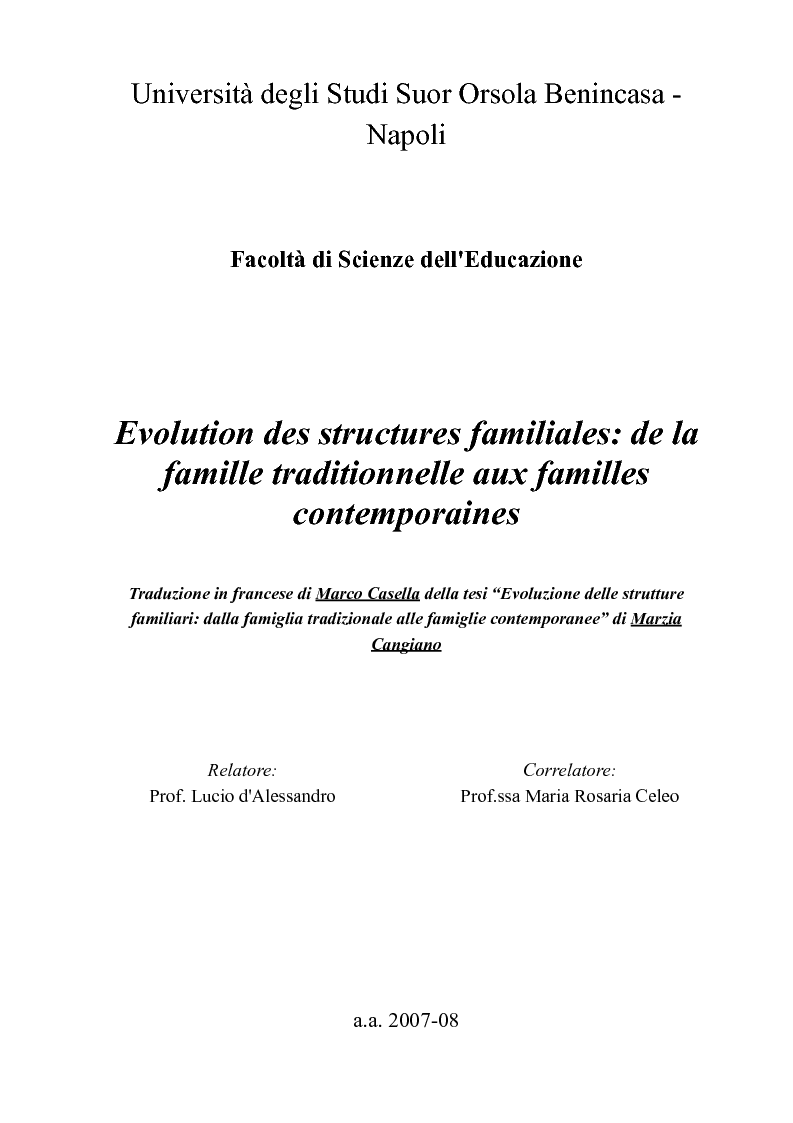 Anteprima della tesi: Evolution des structures familiales: de la famille traditionnelle aux familles contemporaines, Pagina 1