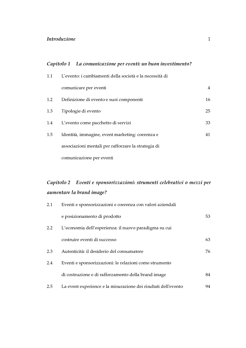 Indice della tesi: Come gli eventi costruiscono, migliorano e rafforzano la brand image: il caso Illycaffè, Pagina 1