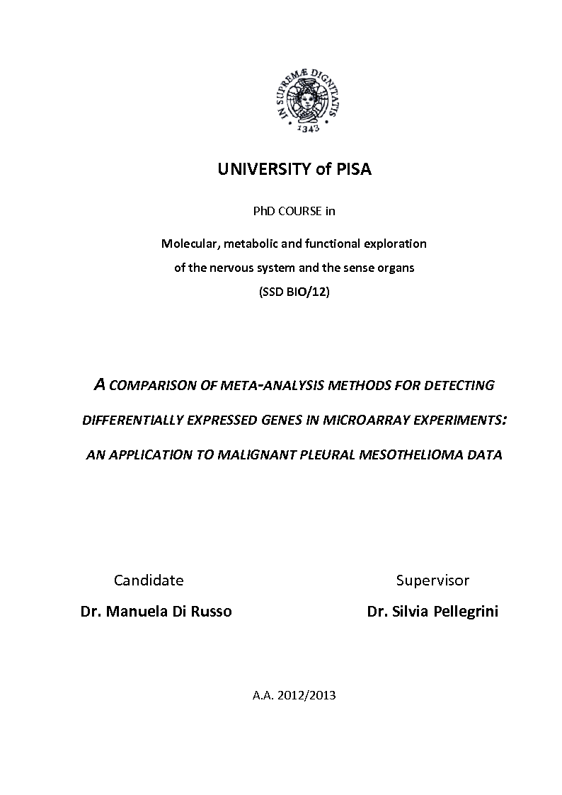 Anteprima della tesi: A comparison of meta-analysis methods for detecting differentially expressed genes in microarray experiments: An application to malignant pleural mesothelioma data., Pagina 1