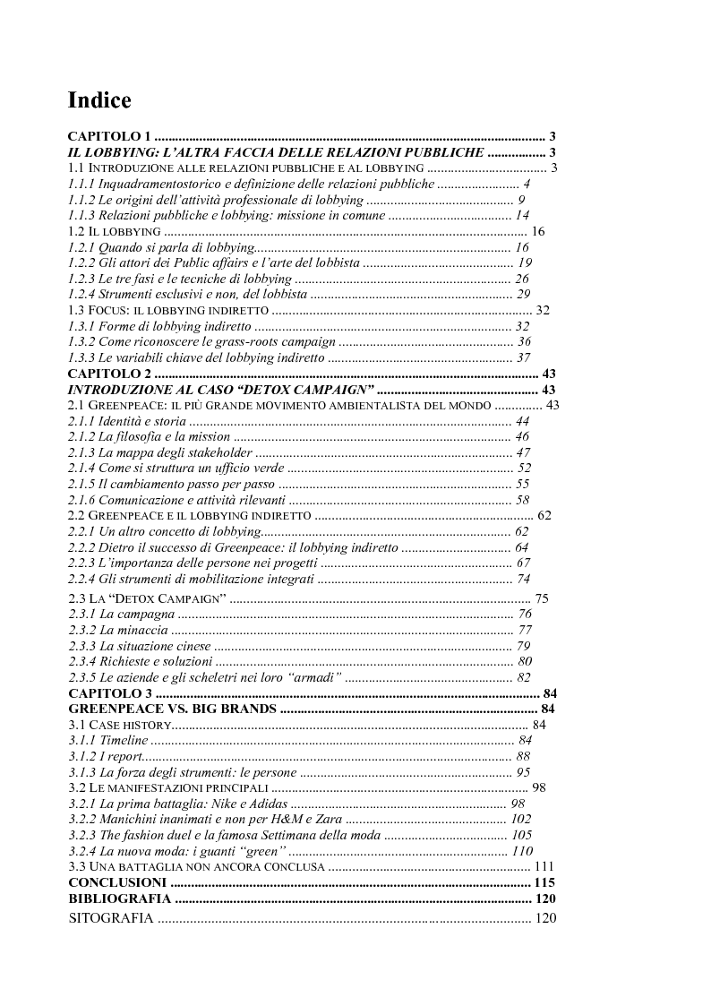 Indice della tesi: Il lobbying indiretto a livello internazionale: Greenpeace VS. big brands, Pagina 1