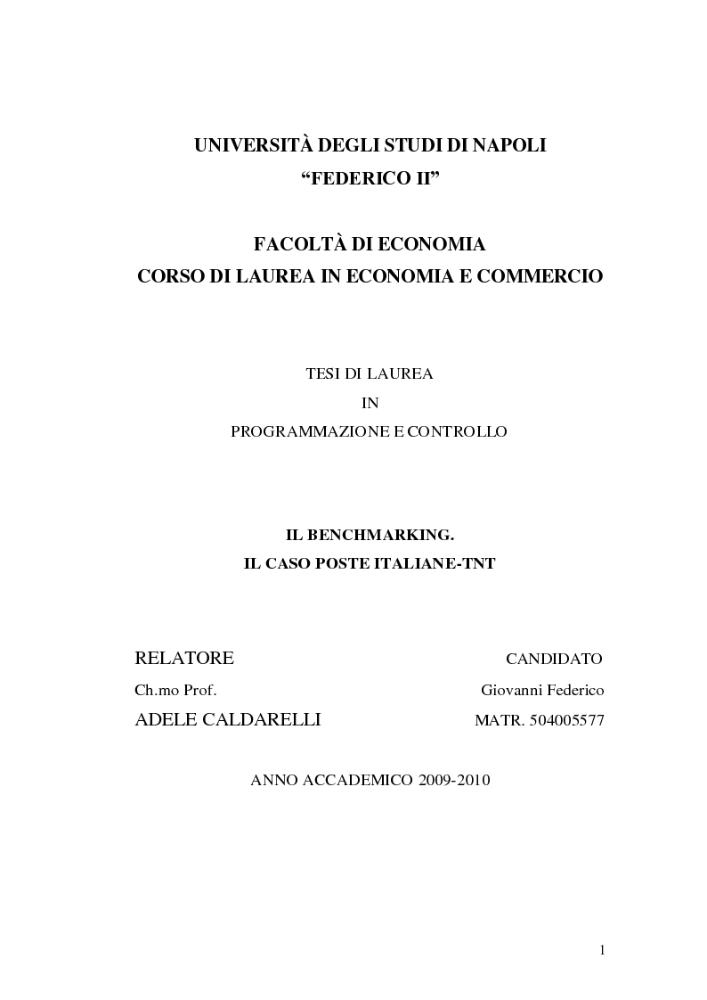 Anteprima della tesi: Il Benchmarking. Il caso Poste Italiane-TNT, Pagina 1