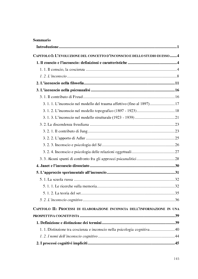 Indice della tesi: Processi inconsci di elaborazione dell'informazione in un'ottica cognitivista e alcune applicazioni nei mass media e nella pratica clinica, Pagina 1