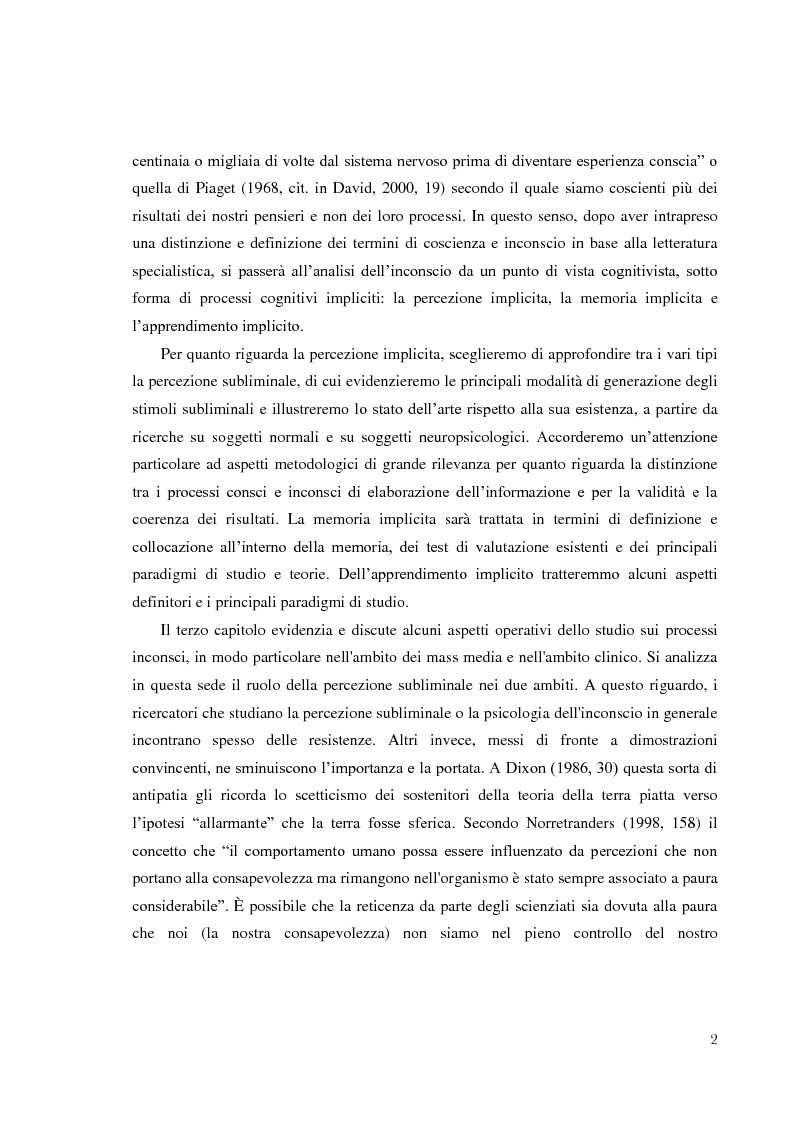 Anteprima della tesi: Processi inconsci di elaborazione dell'informazione in un'ottica cognitivista e alcune applicazioni nei mass media e nella pratica clinica, Pagina 3