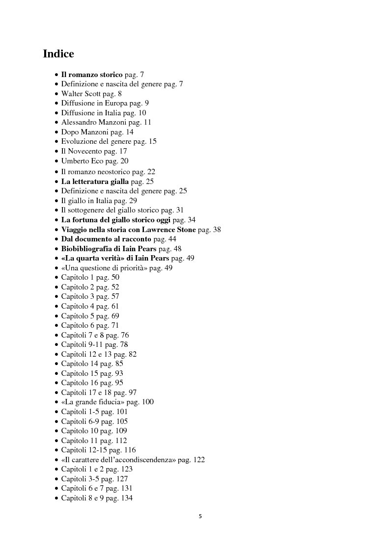 Indice della tesi: Dalla storia della scienza al romanzo storico - Riflessioni sull'approccio narrativo di Iain Pears, Pagina 1
