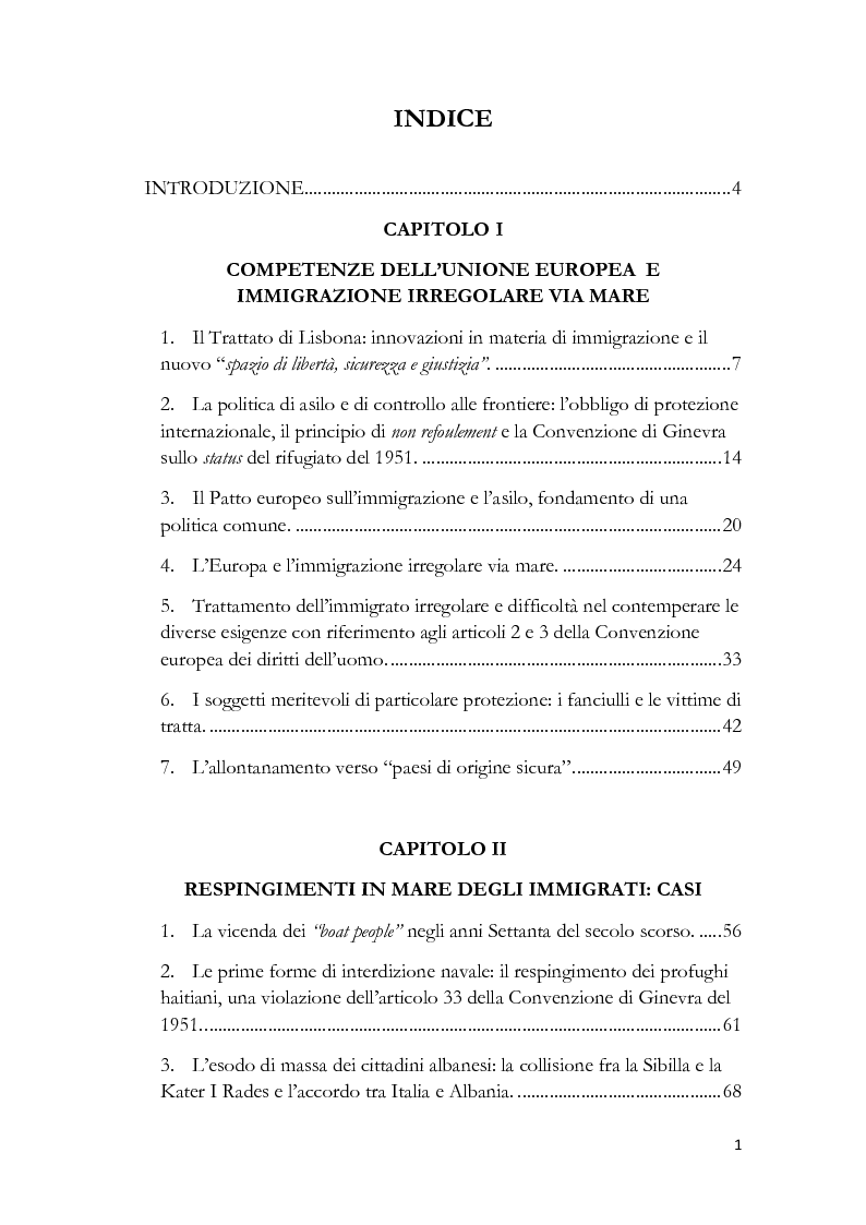 Indice della tesi: Ordinamento italiano e respingimento in alto mare di potenziali richiedenti protezione internazionale, Pagina 1