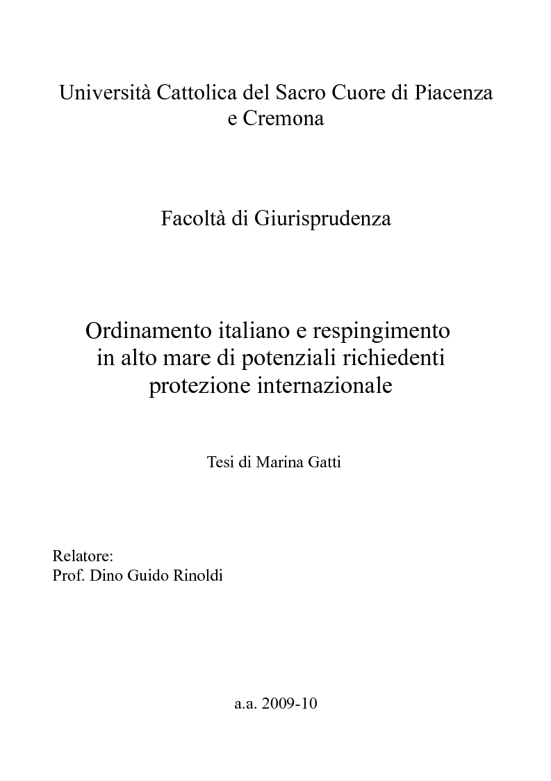 Anteprima della tesi: Ordinamento italiano e respingimento in alto mare di potenziali richiedenti protezione internazionale, Pagina 1