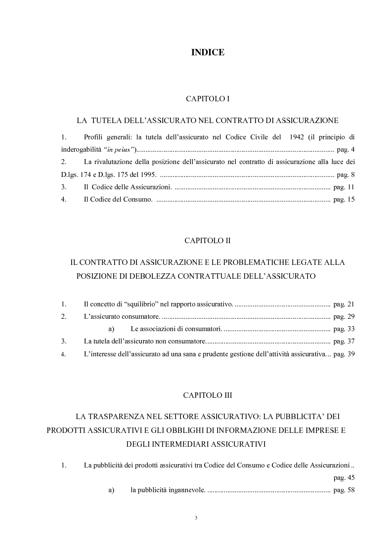 Indice della tesi: La tutela dell'assicurato in qualità di consumatore, Pagina 1