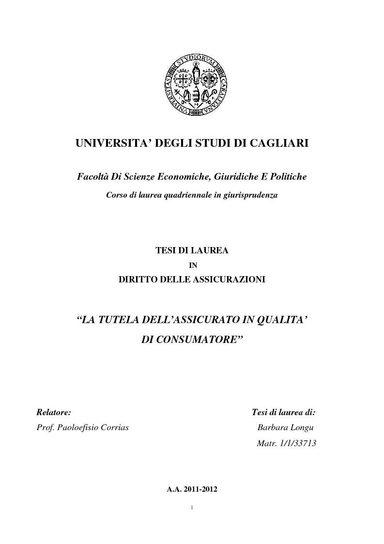 Anteprima della tesi: La tutela dell'assicurato in qualità di consumatore, Pagina 1