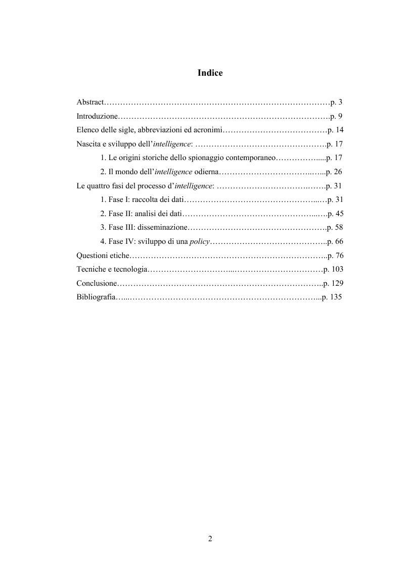 Indice della tesi: La struttura ed il mondo dei servizi d'intelligence, Pagina 1