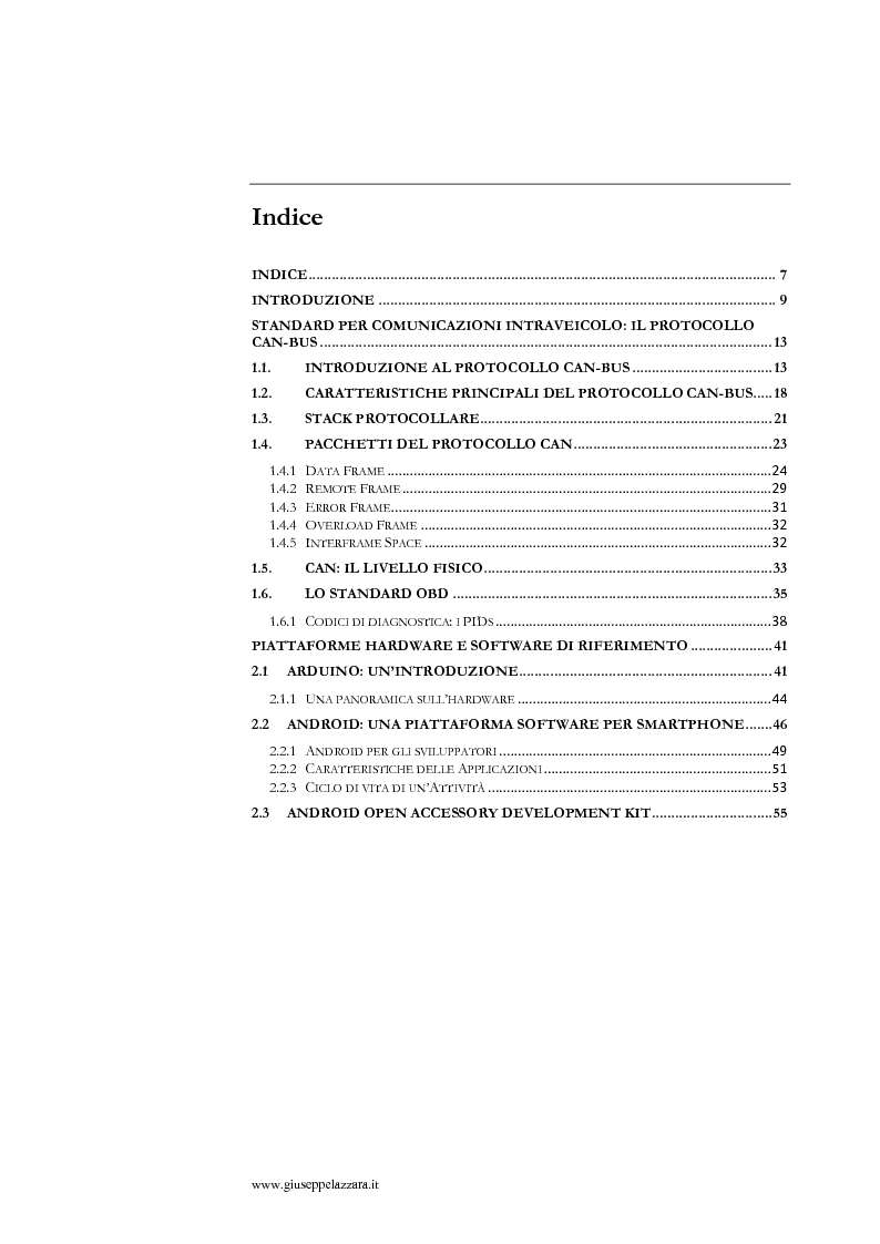 Indice della tesi: DACARTS - Data Acquisition from CAn-bus and oppoRtunistic TranSfer, Pagina 1