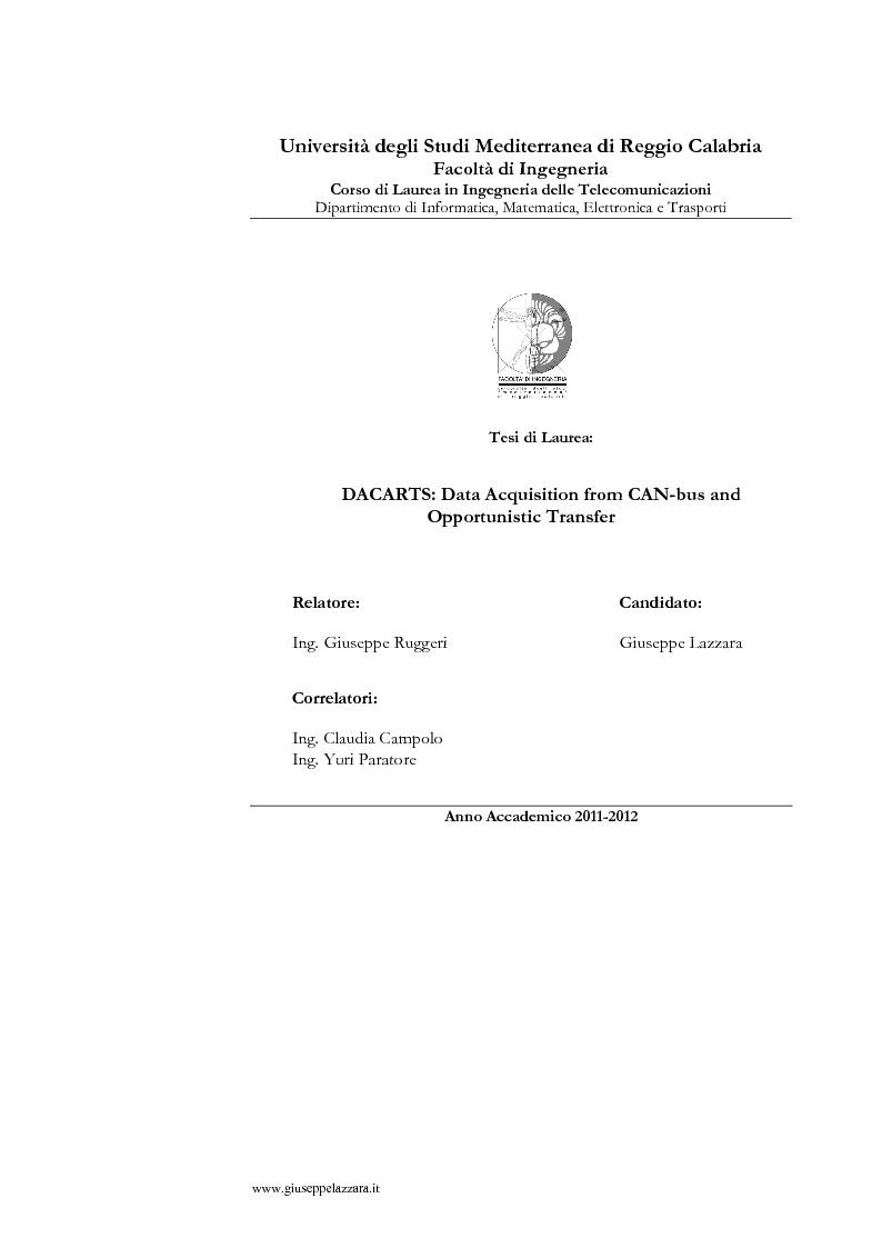 Anteprima della tesi: DACARTS - Data Acquisition from CAn-bus and oppoRtunistic TranSfer, Pagina 1