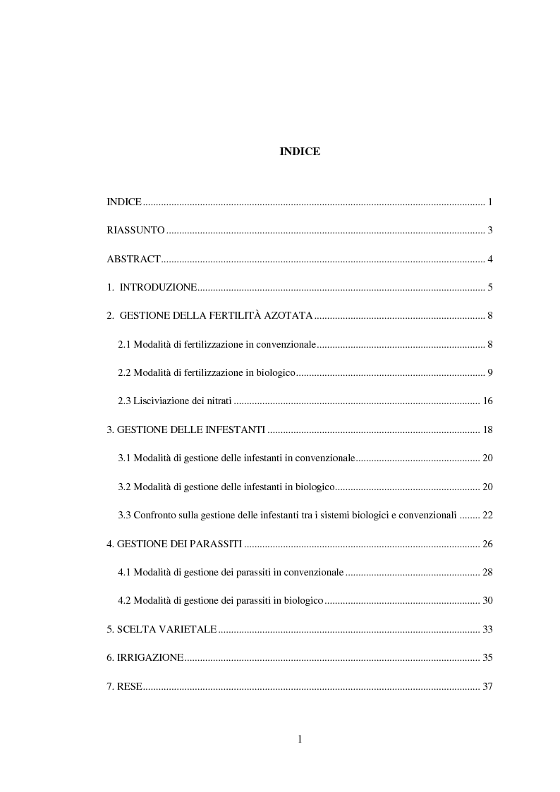 Indice della tesi: La coltivazione del mais nei sistemi biologici e convenzionali: risultati da una sperimentazione poliennale, Pagina 1