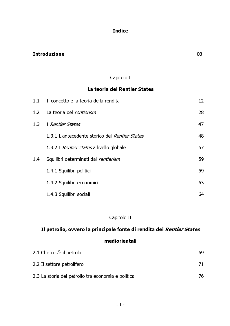 Indice della tesi: I Rentier States in Medio Oriente, Pagina 1