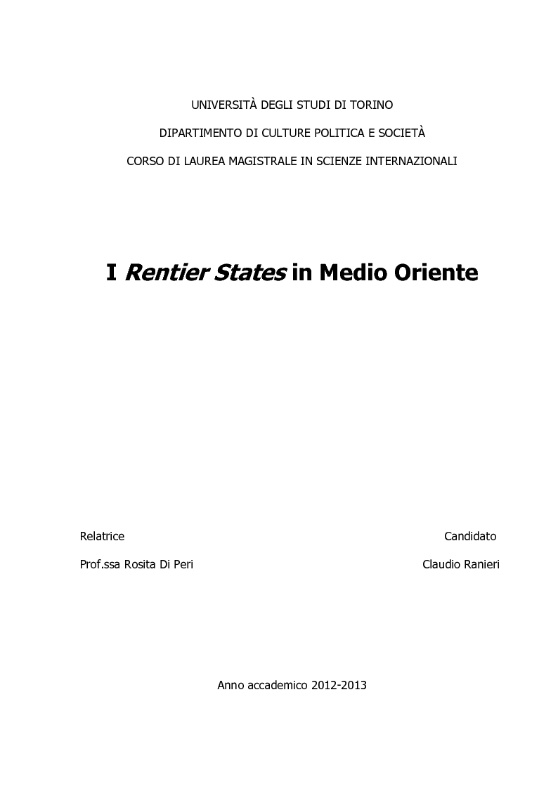 Anteprima della tesi: I Rentier States in Medio Oriente, Pagina 1