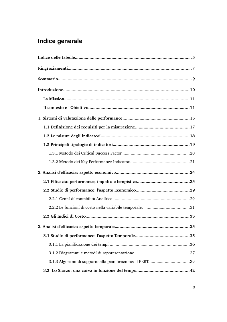 Indice della tesi: Metodologia per la valutazione in itinere delle prestazioni di progetto, Pagina 1