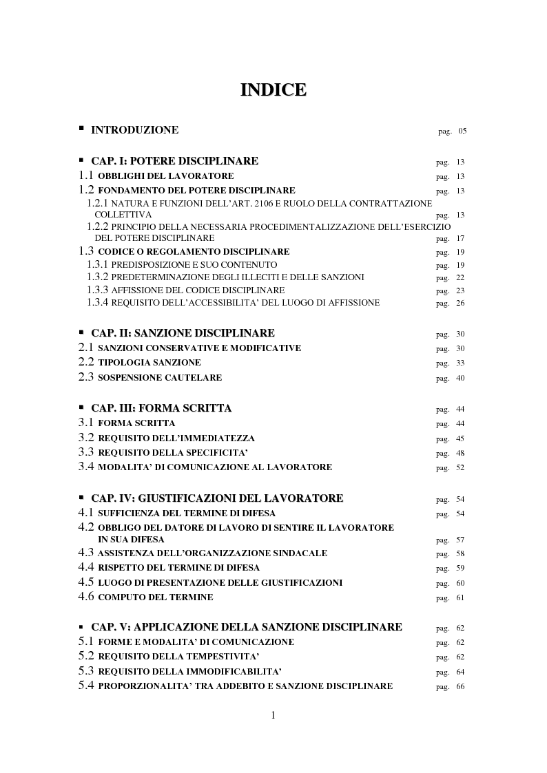 Indice della tesi: I Licenziamenti Disciplinari, Pagina 1