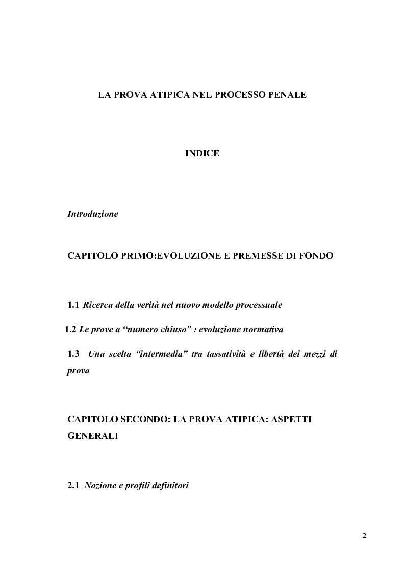 Indice della tesi: La prova atipica nel processo penale, Pagina 1