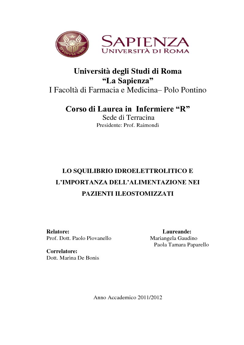 Anteprima della tesi: Lo squilibrio idroelettrolitico e l'importanza dell'alimentazione nel paziente ileostomizzato, Pagina 1