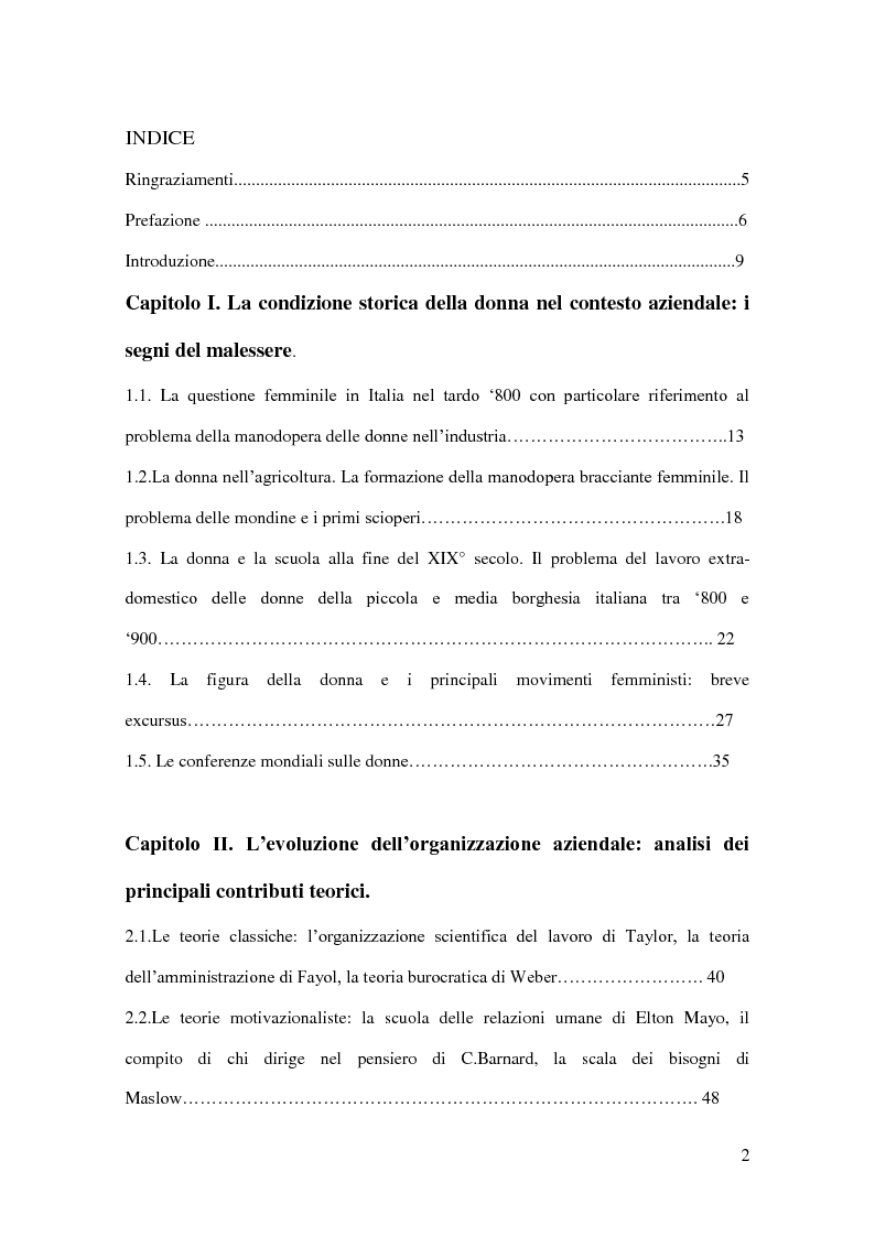 Indice della tesi: La gestione del personale femminile nelle organizzazioni aziendali. Situazione attuale e prospettive future, Pagina 1