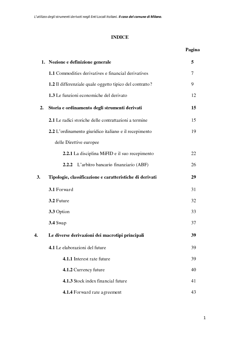 Indice della tesi: L'utilizzo degli strumenti derivati negli enti locali italiani. Il caso del Comune di Milano, Pagina 1