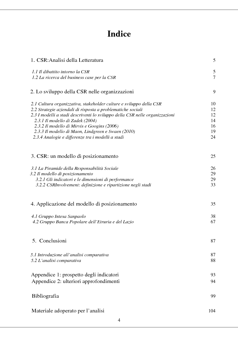 Indice della tesi: Corporate Social Responsibility: Sviluppo di un Modello di Posizionamento, Pagina 1