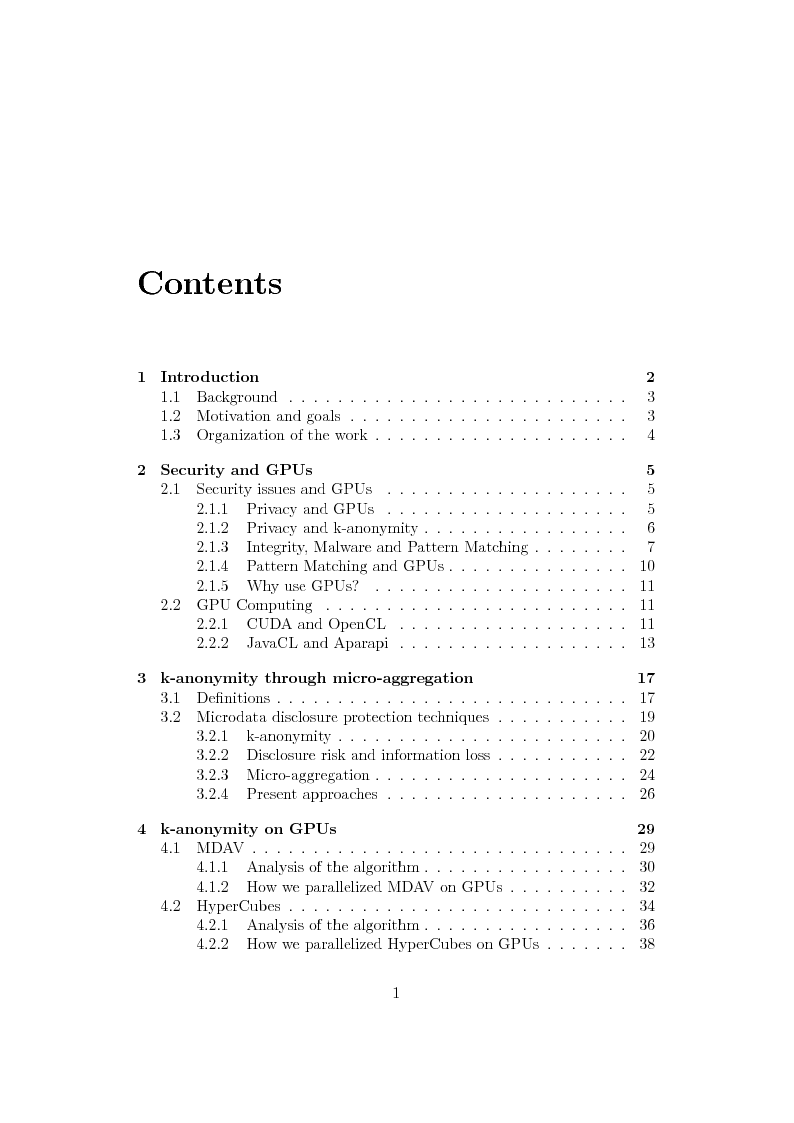Indice della tesi: On Leveraging GPUs for Security: discussing k-anonymity and pattern matching, Pagina 1