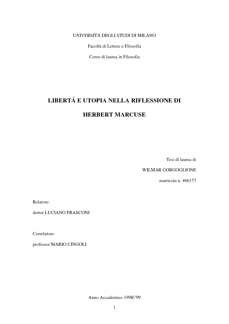 Anteprima della tesi: Libertà e utopia nella riflessione di Herbert Marcuse, Pagina 1