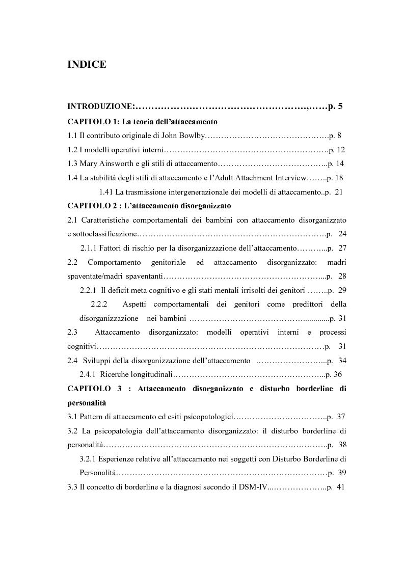 Indice della tesi: La disorganizzazione dell'attaccamento come fattore di rischio per lo sviluppo del disturbo borderline di personalità, Pagina 1