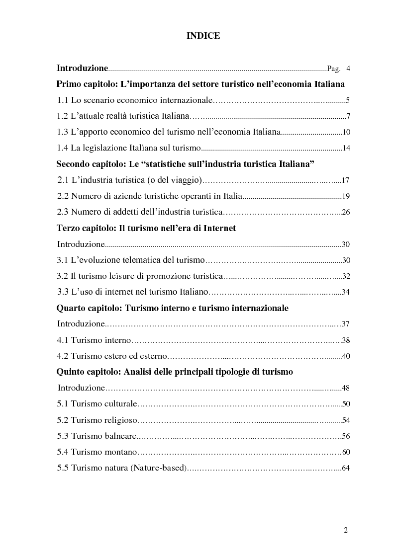 Indice della tesi: Il Turismo in Italia Oggi - Analisi statistica con particolare riferimento alla regione Puglia, Pagina 1