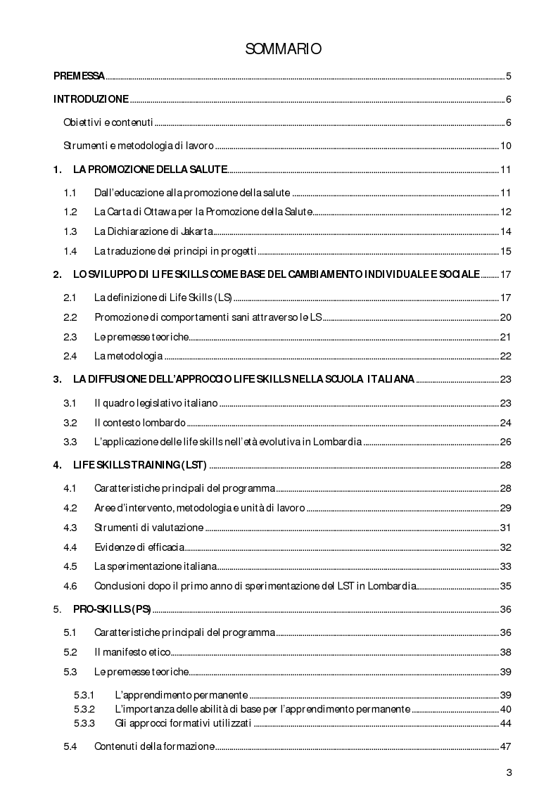 Indice della tesi: Promozione di comportamenti sicuri sul lavoro attraverso l'esercizio di ''Life Skills'', Pagina 1