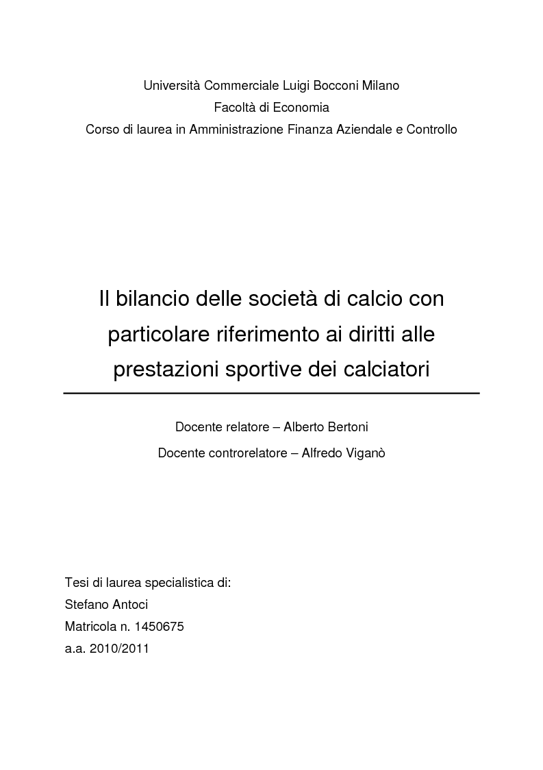 Anteprima della tesi: Il bilancio delle società di calcio con particolare riferimento ai diritti alle prestazioni sportive dei calciatori, Pagina 1