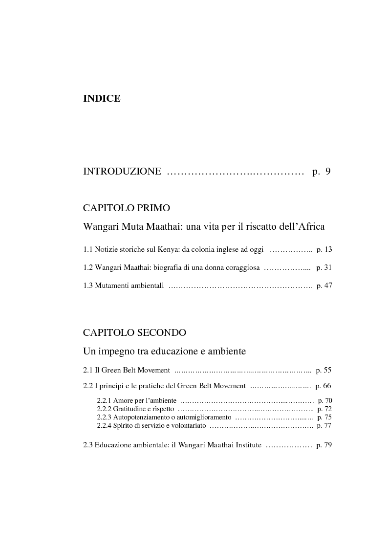 Indice della tesi: Wangari Muta Maathai - Amare la natura per salvare noi stessi, Pagina 1