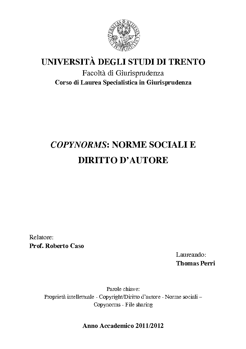 Anteprima della tesi: Copynorms: norme sociali e diritto d'autore, Pagina 1